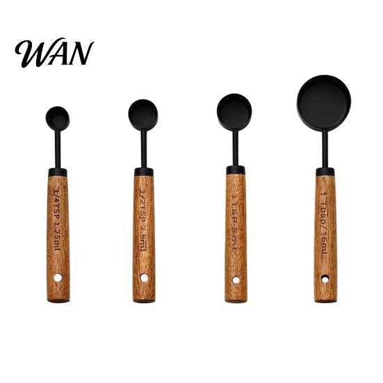 Durable Baking Tools 4Pcs Gold-Plated Stainless Steel Measuring Spoons & Cups Set, Precision with Kitchen Spoon Set Wood Handle, Nested Food Grade Kit