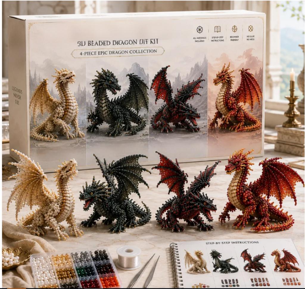 4 Piece Dragon Bead DIY Kit Epic Dragon Collection 3D Beaded Model Craft Kit Includes Beads Wire Tools and Instruction Booklet for Creative Assembly