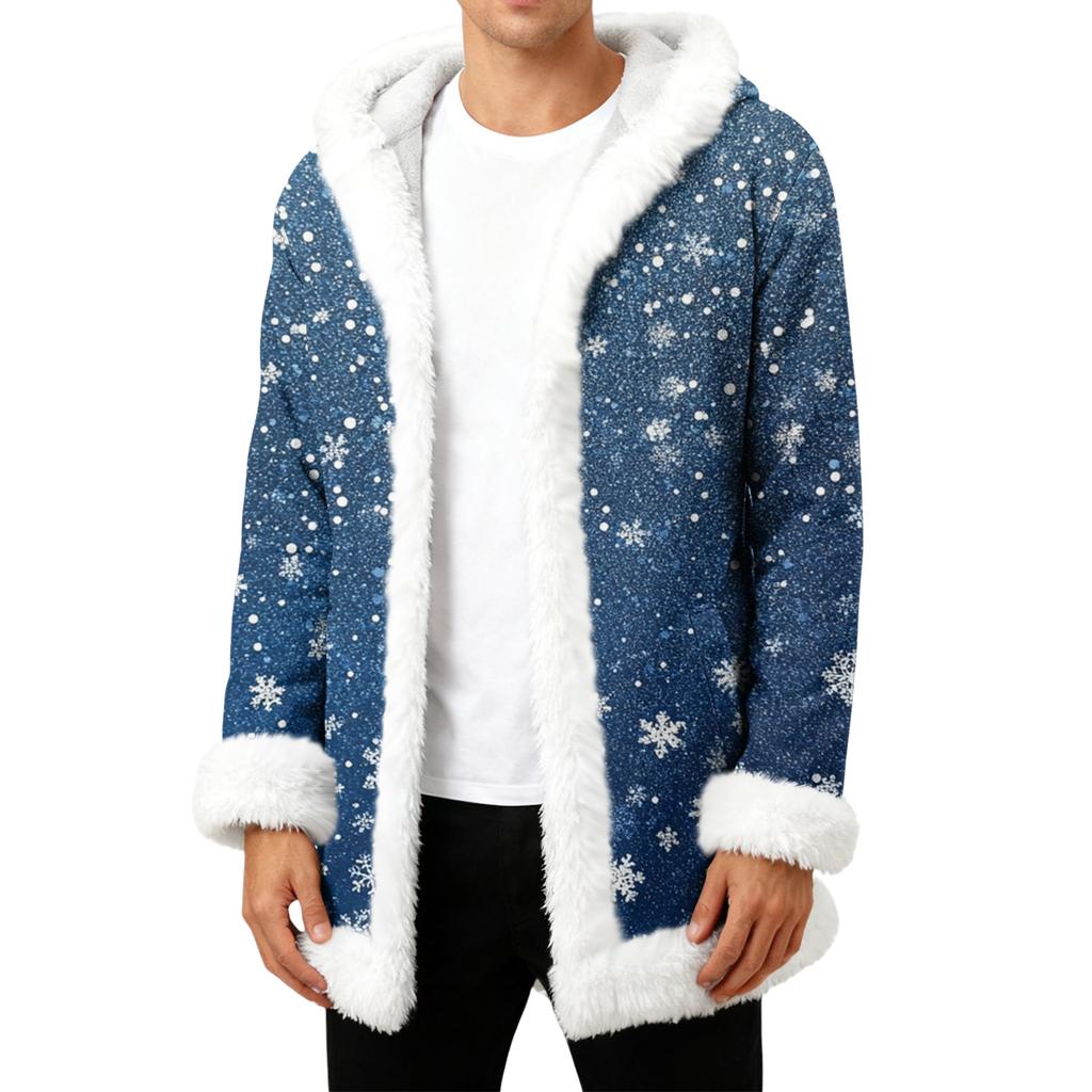 Men's Christmas Long Hooded Cardigan With Pockets Warm Jacket