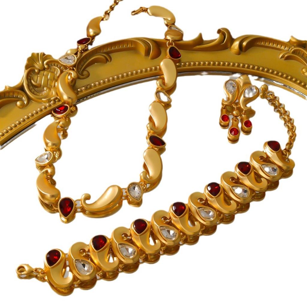 Medieval Vintage Jewelry Court Antique Geometric Classic Plated 18K Real Gold Gemstone Necklace Bracelet Stud Earrings