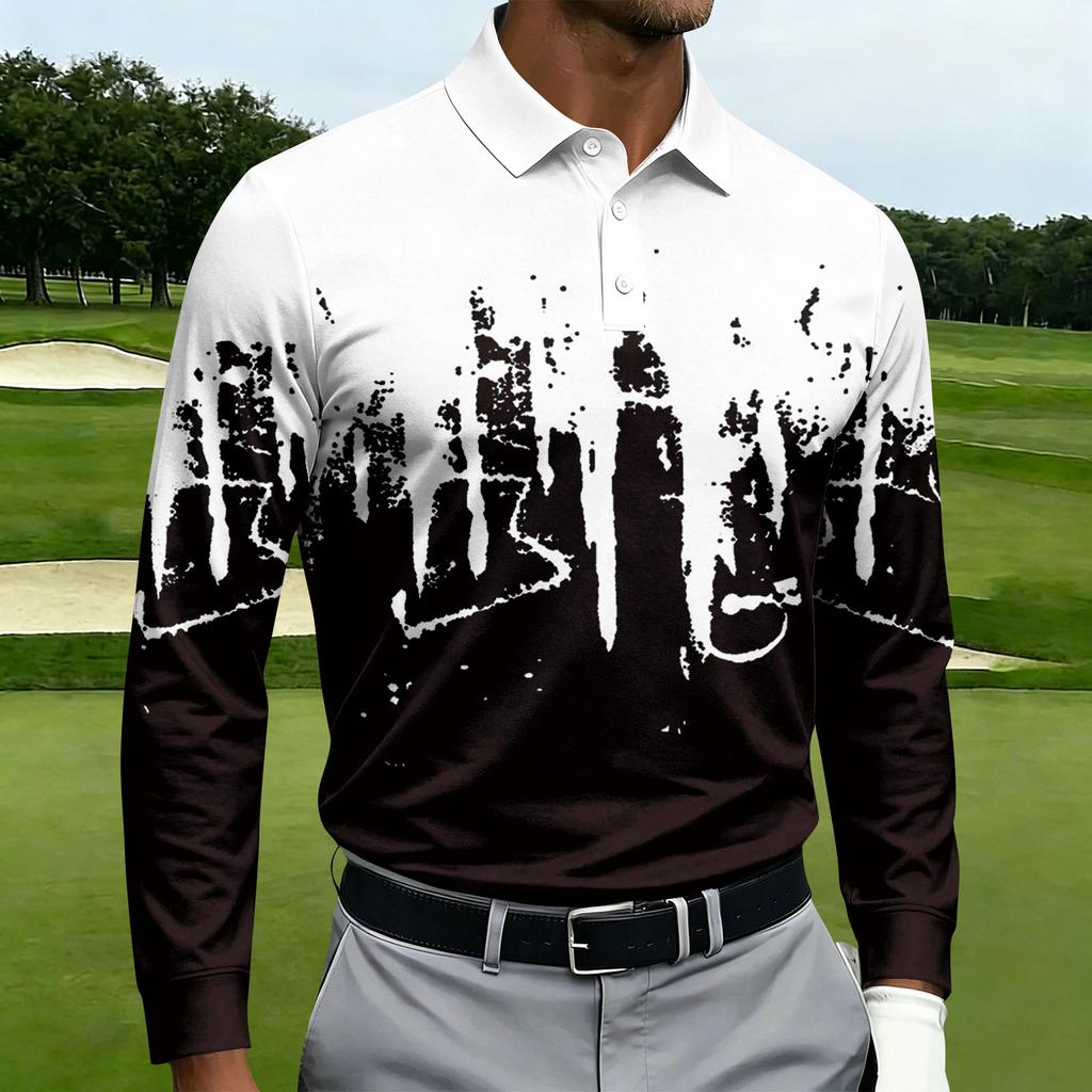 Men's Casual Printed Long Sleeve Button Down Shirt with Lapel Collar for Sports and Daily Wear
