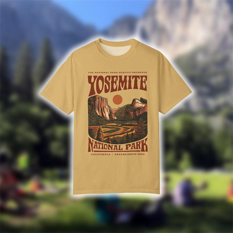 Yosemite National Park Retro Pattern T-shirt 3D Printed California Travel Commemorative Top Outdoor Hiking Mountaineering Camping Short Sleeve Hoodie