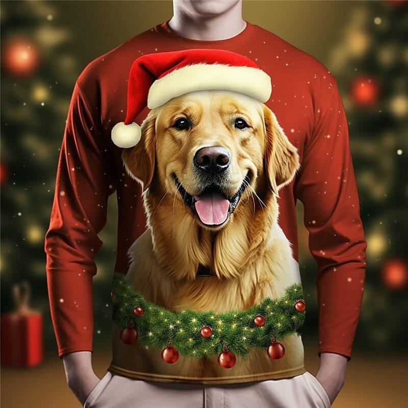 New Men's Long Sleeved Round Neck T-shirtr Autumn Winter Christmas 3D Digital Printed Christmas Tree T-shirt