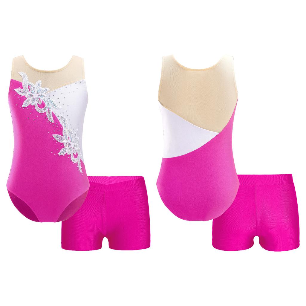 Kinder Mädchen Mesh Patchwork Pailletten Tanztrikots und Shorts für das Eislauf-Trainingskostüm