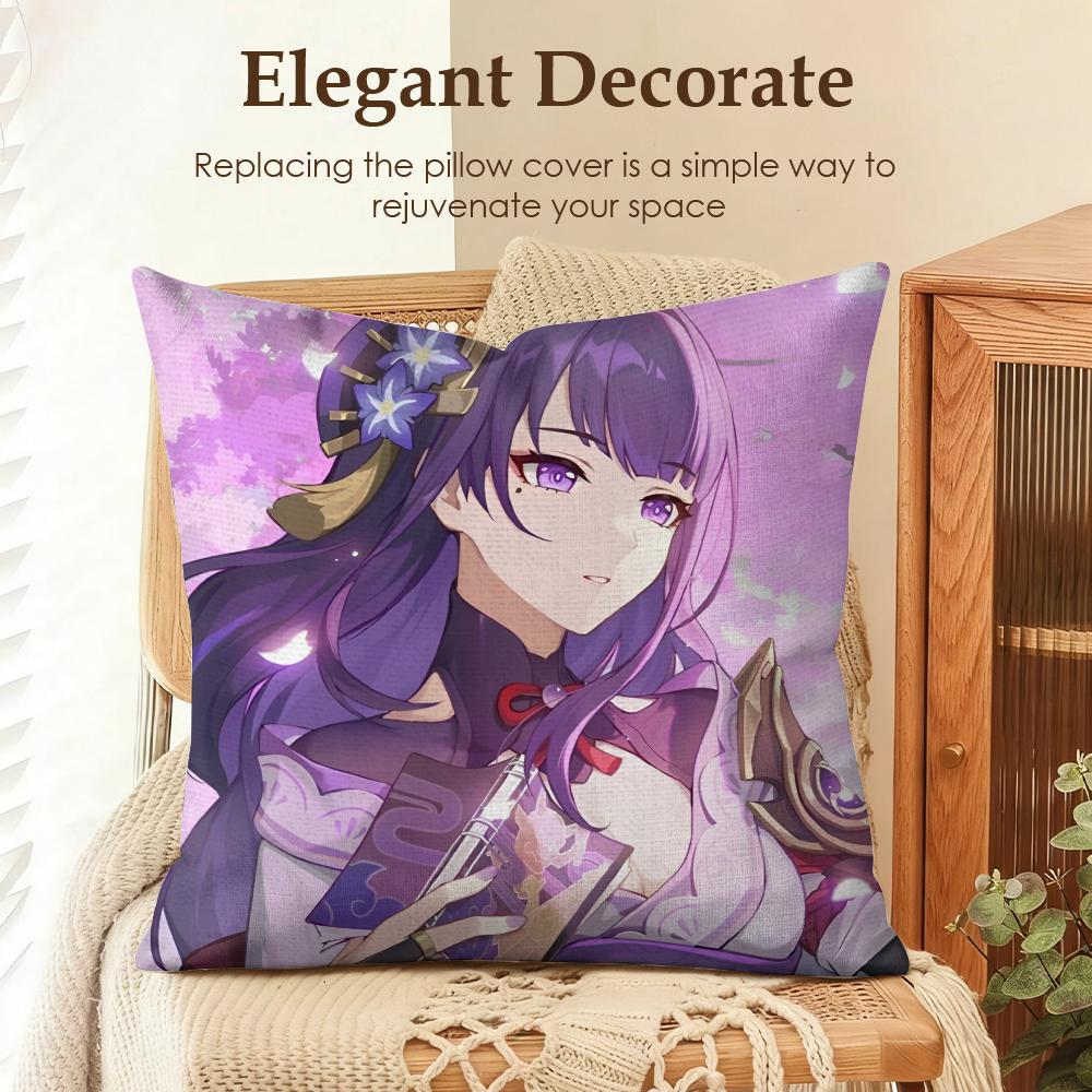 Raiden Shogun Genshin Impact Cushion Cover Natural Linen Organic Fabric DoubleSided Printing Sofa Home Decor Gift Pillow Case