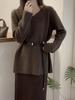 Korean-Style Loose Fit Wool Knit Sweater for Women – Belted, V-Neck, Long Sleeve, Plus Size, Mid-Length.