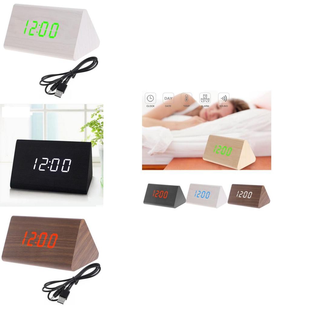 Elegant Imitation Wood Led Display Alarm Digital Triangular Desk Clock With Thermometer