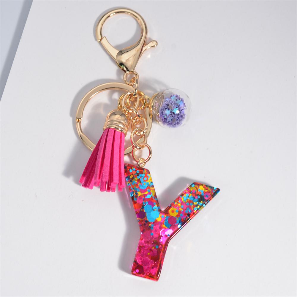 Fashion Tassel Star Ball 26Letters Keychain Colorful Sequins Resin Key Ring for Women Girls Car Handbag Phone Case Pendant Gifts