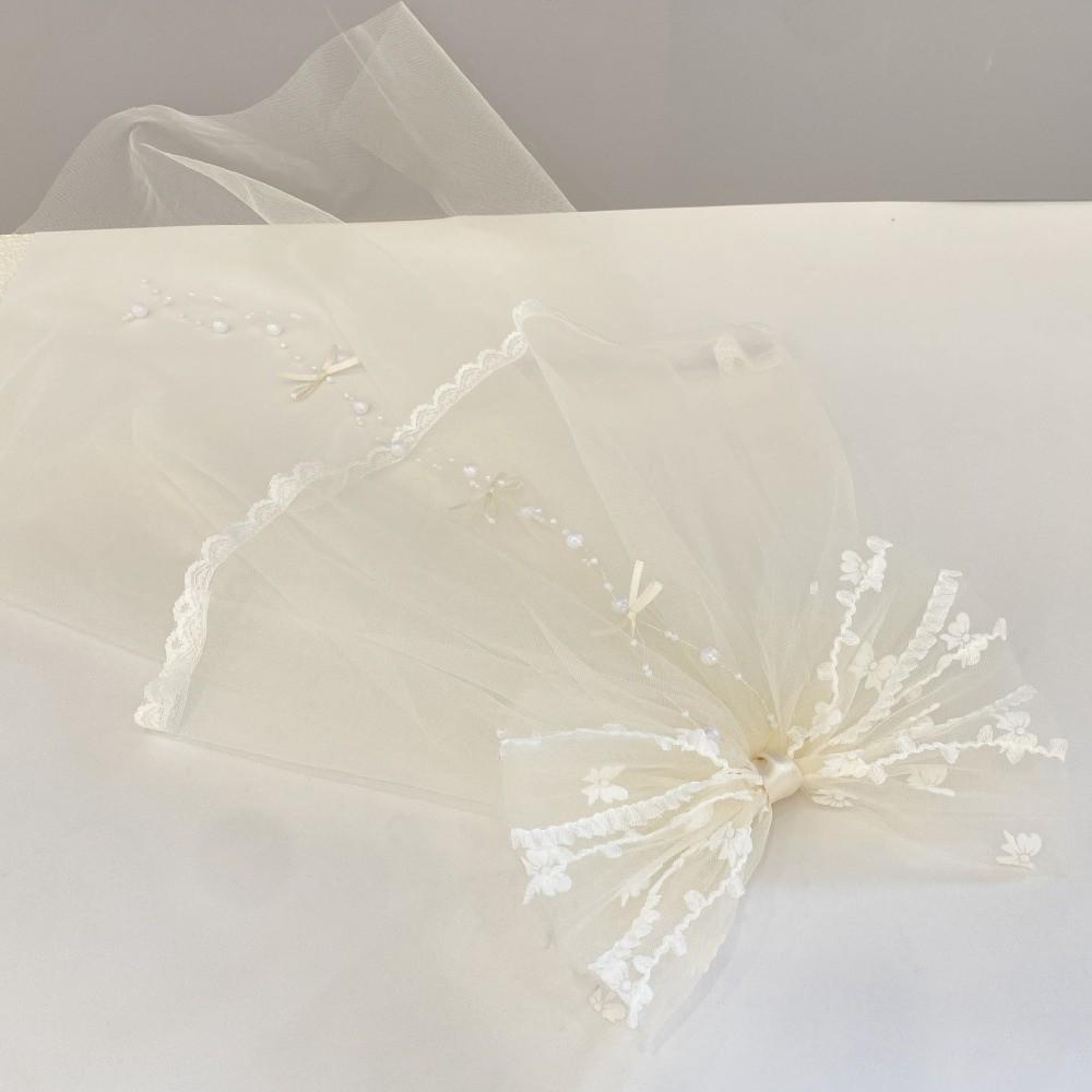Bow Girls Head Gauze Beads White Bridal Tulle Gift Veil Hair Clip  Engagement