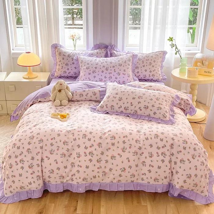Pink Floral Duvet Cover Set 100% Cotton Korean Style Ruffled Quilt Cover with 2 Pillowcases Skin-friendly Queen Size Bedding Set