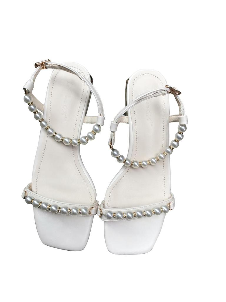 Pearl Narrow band slingback slip on gladiator sandalias woman beads metal decoration thick low heels shoes women sandals