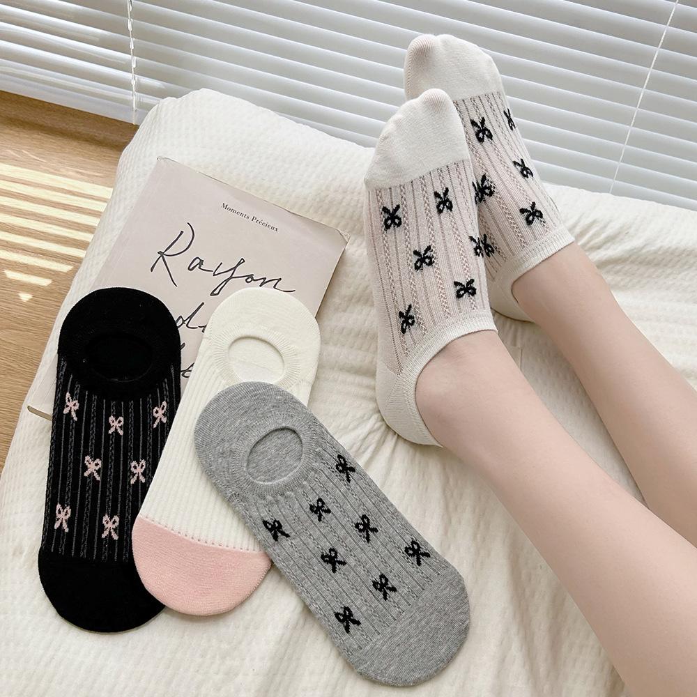 Socquettes nœud papillon, Maille respirante style ballerine pour femme, Antidérapantes, Antibactériennes, Talon anti-dérapant, Chaussettes courtes invisibles à décolleté bas