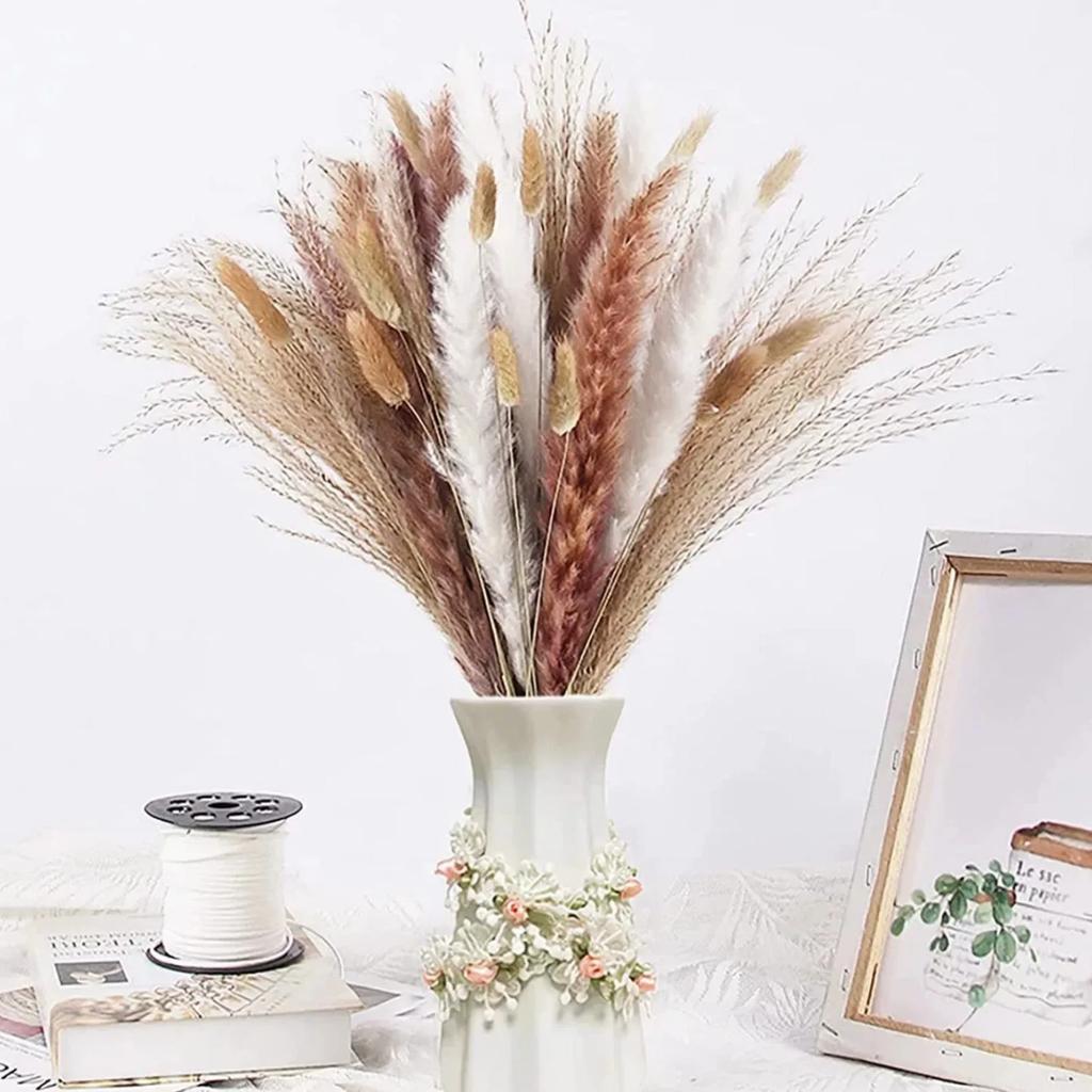 Dried Pampas Grass Boho, Natural & White Dried Plants Pompous Grass Bouquet with Bunny Tails Dried Flowers Bulk Reed Tail Grass