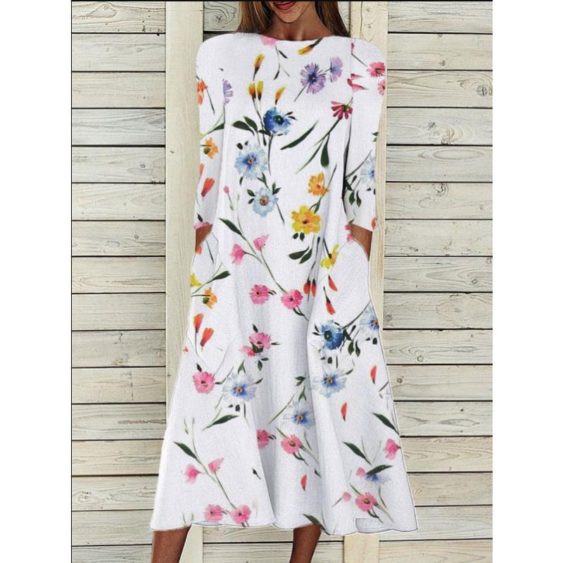 

Women s Fall Autumn Floral Print Cotton Linen Dress 3/4 Sleeve Loose Long A-Line Casual Midi Dress with Pockets for Daily Wear S белый
