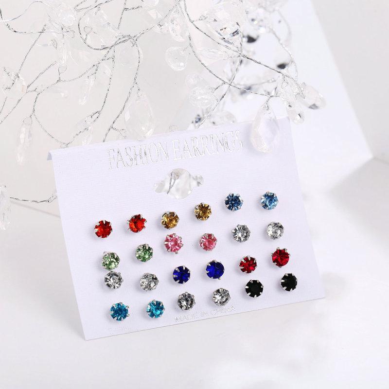 12 Paar/Set Damen Bunte Strass Ohrstecker Runde Kristall Einfache Ohrringe Schmuckset