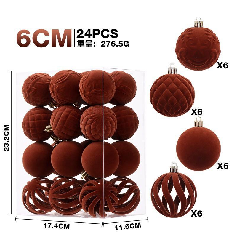 6cm Flocked Christmas Balls 24pcs Luxury Vintage Burgundy Tree Ornaments