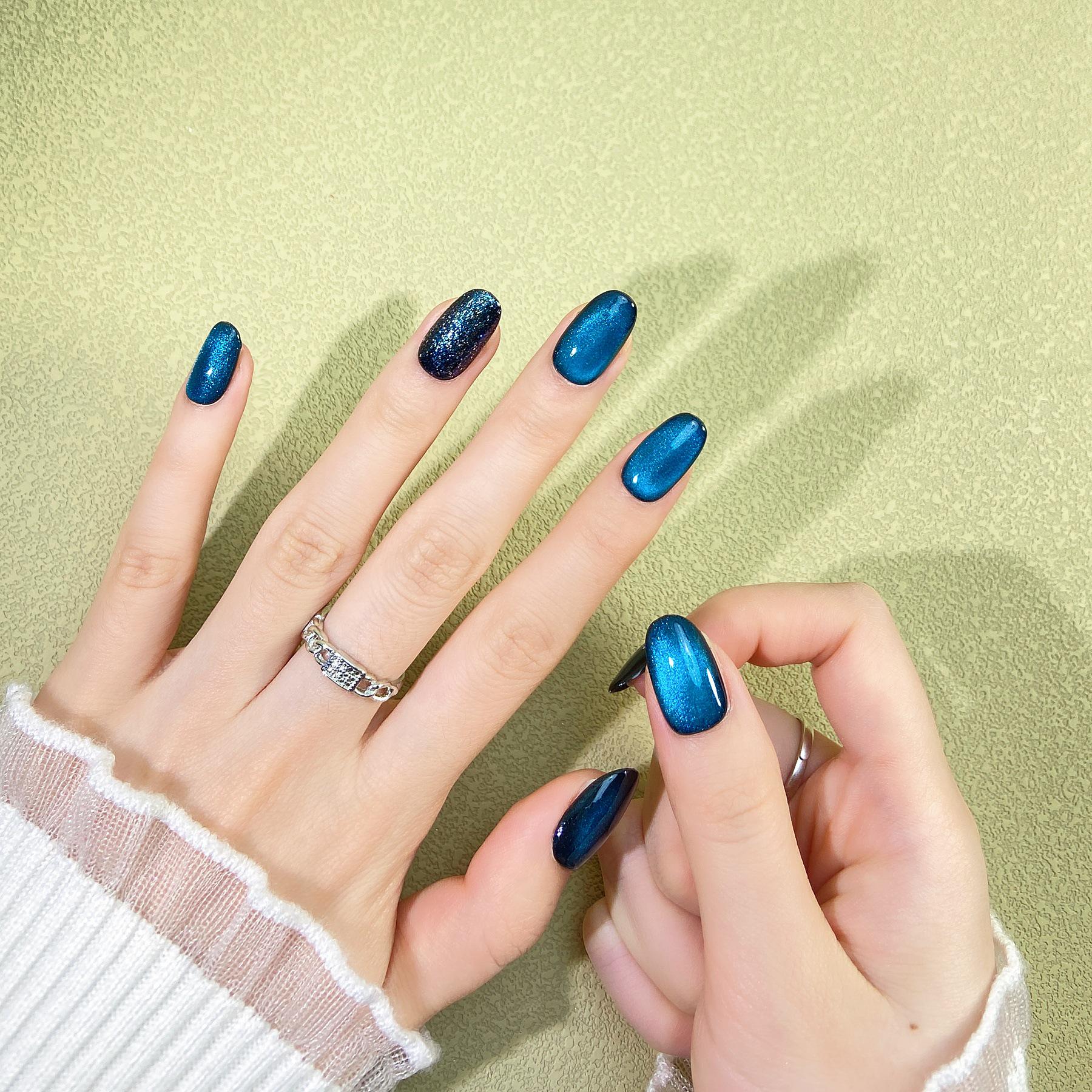 Handmade Deep Sea Blue Cat Eye Gradient Glitter Diamond Nails - Trendy Autumn/Winter Nail Art Tips