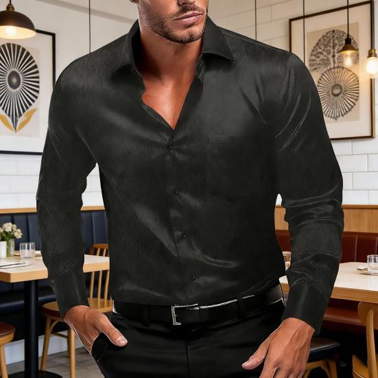 Men Glossy Dress Shirt Turndown Collar Button Down Shirt Long Sleeve Formal Shirt for Prom Party Dating Wedding