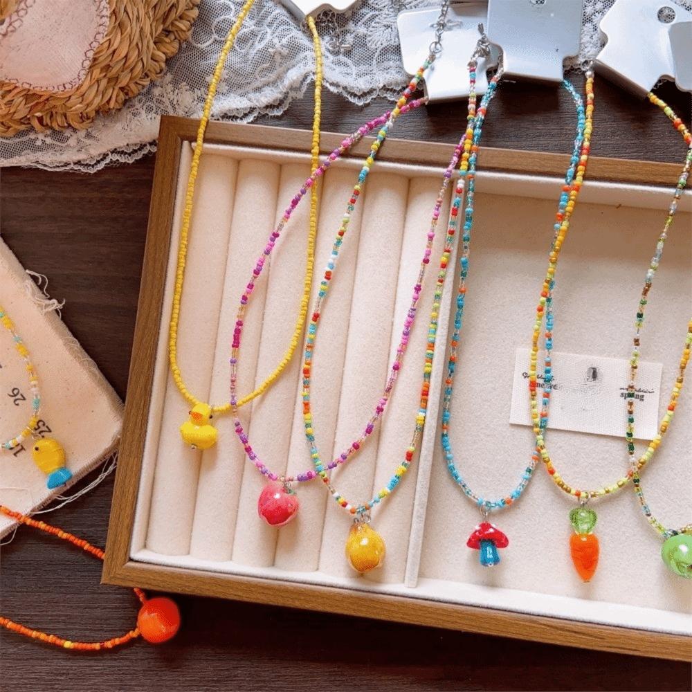 Various Fruit Pendant Necklace Rice Beads Pear Necklace Cute Persimmon Jewelry Gift