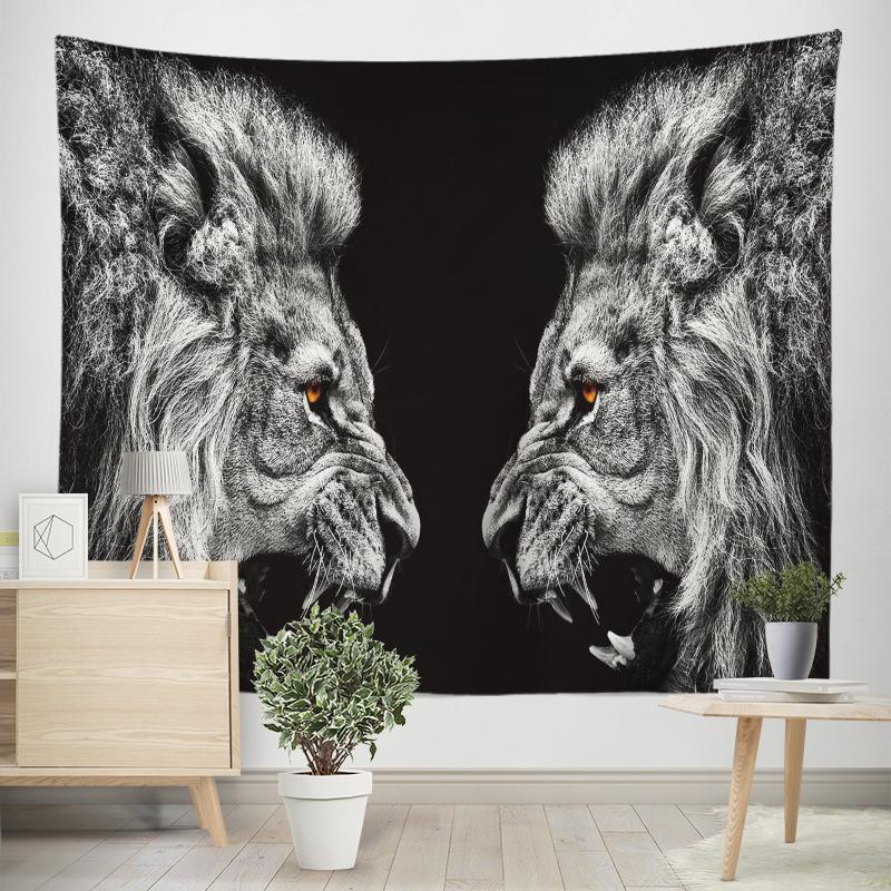 Black Creative Fierce Lion Tiger Wildlife Tapestry Polyester Wall Curtain Background Bedroom Dormitory Decoration Tapestry