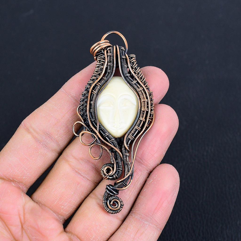 Carved Face 999 Copper Wire Wrapped Pendant, Handmade Gemstone Pendant Jewelry, Gifts For Wife Brand New Pendant