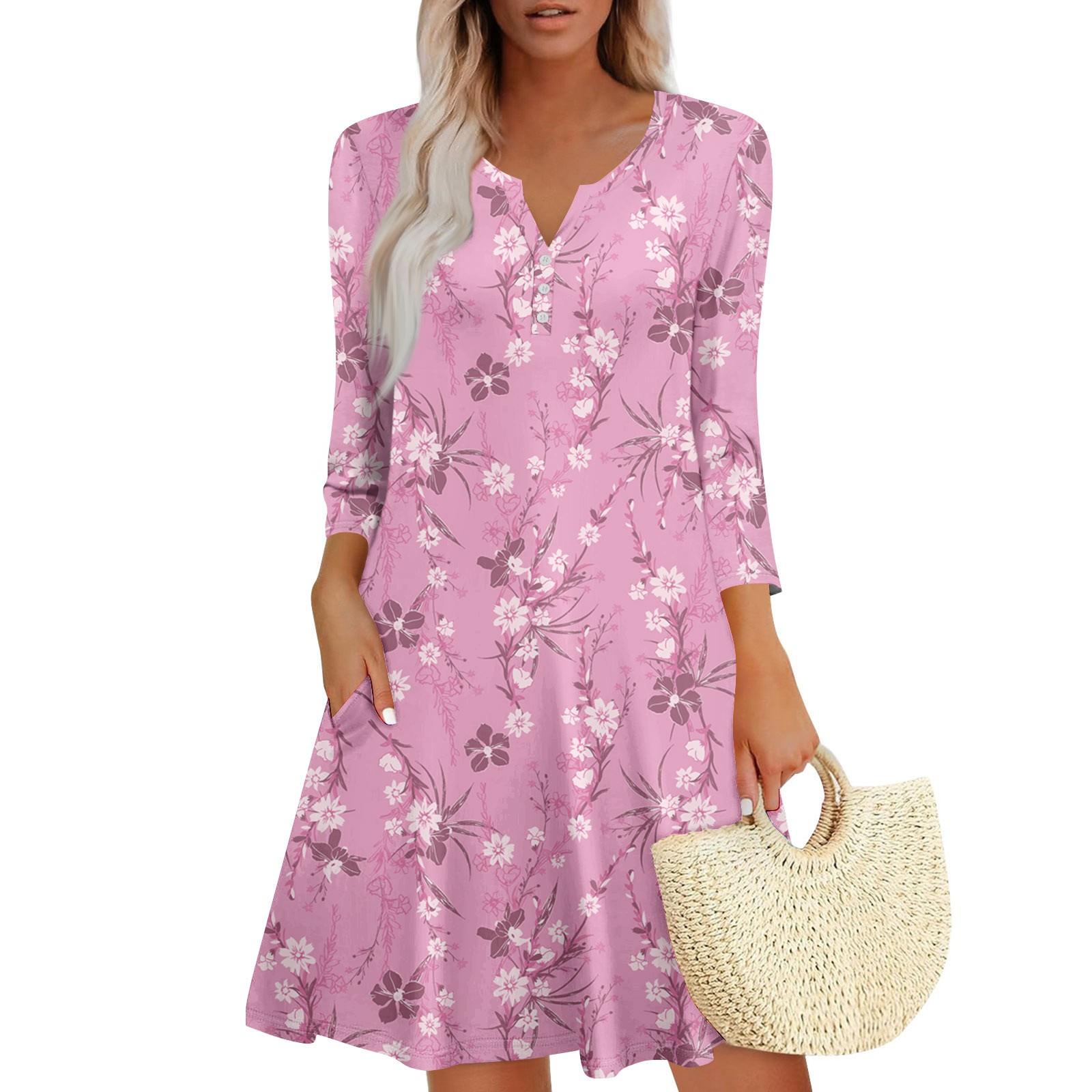 

Женское летнее платье, свободное платье с V-образным вырезом, рукавом три четверти и карманами L