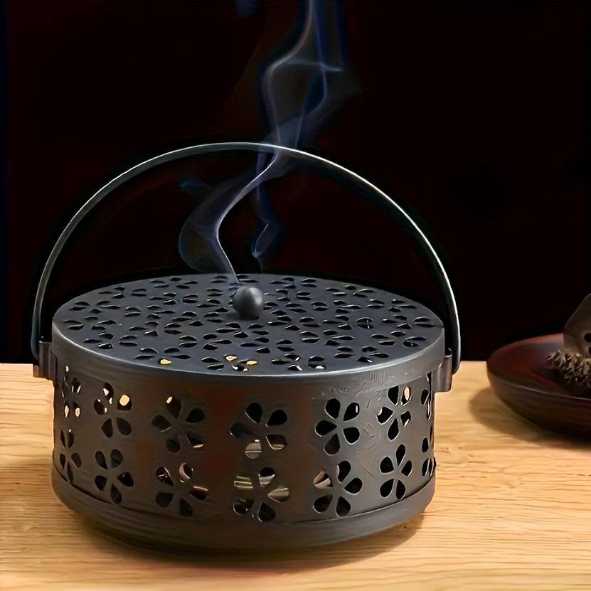 Retro Cast Iron Mosquito Coil Box-Flower Hollow Art Design Outdoor Camping Mosquito Repellent Artifact + Household Stove | Portable Handle Travel Set