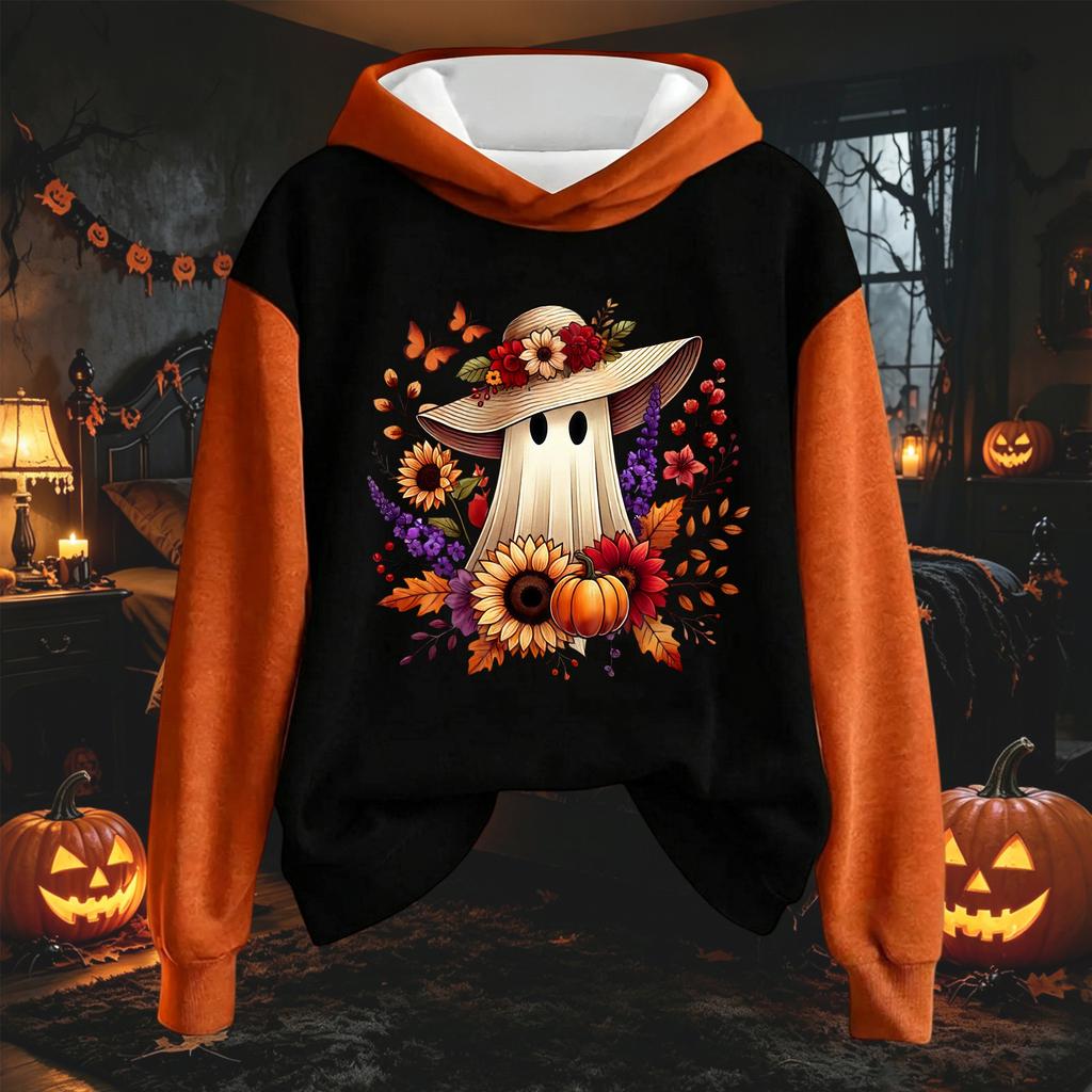 Women's Long Sleeve Pullover Hoodie with Halloween Print Drawstring Hood for Casual Wear
