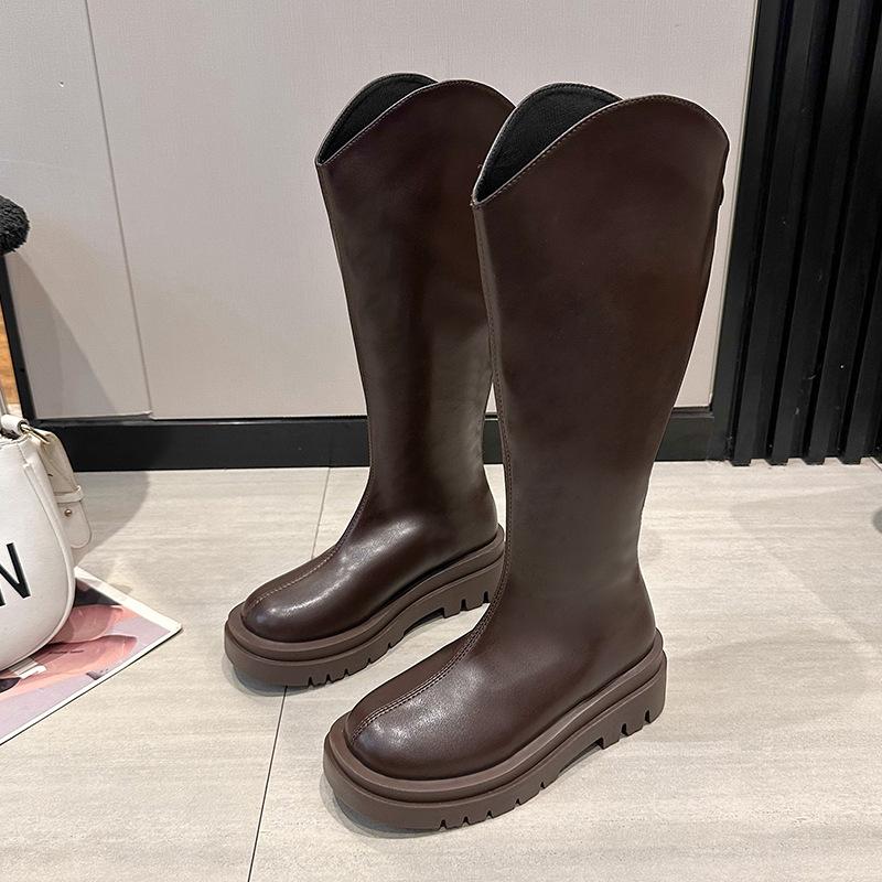 

Осень-зима 2025 ретро мода толстая подошва длинные модные сапоги задняя молния большой обхват голенища женские длинные сапоги повседневные высокие сапоги 40 коричневый