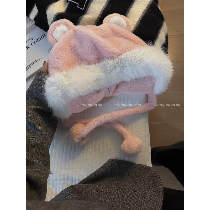 Cute bear ears hat scarf integrated women's winter versatile thickened warm hooded plush scarf tide