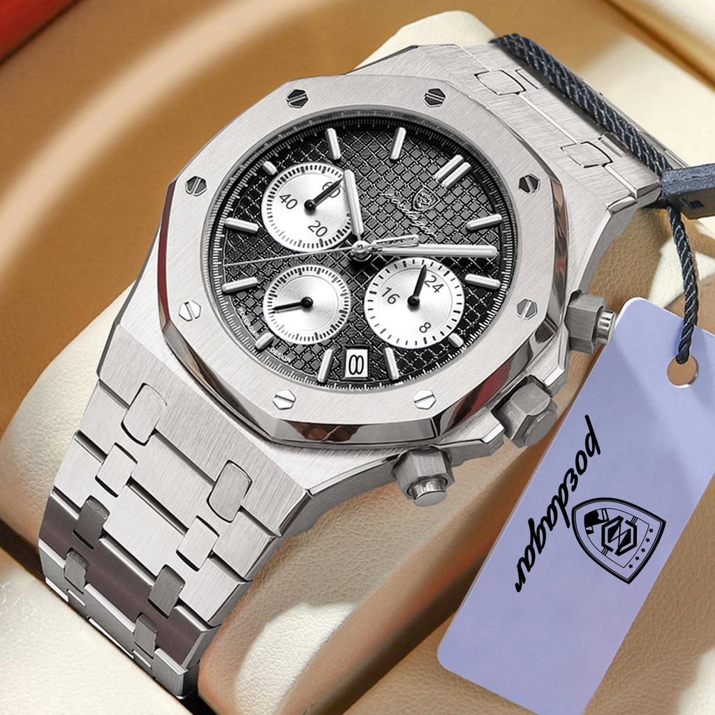 POEDAGAR Luxury Men's Watches Stainless Steel Date Chronograph Male Watch Waterproof Luminous Military Quartz Wristwatch