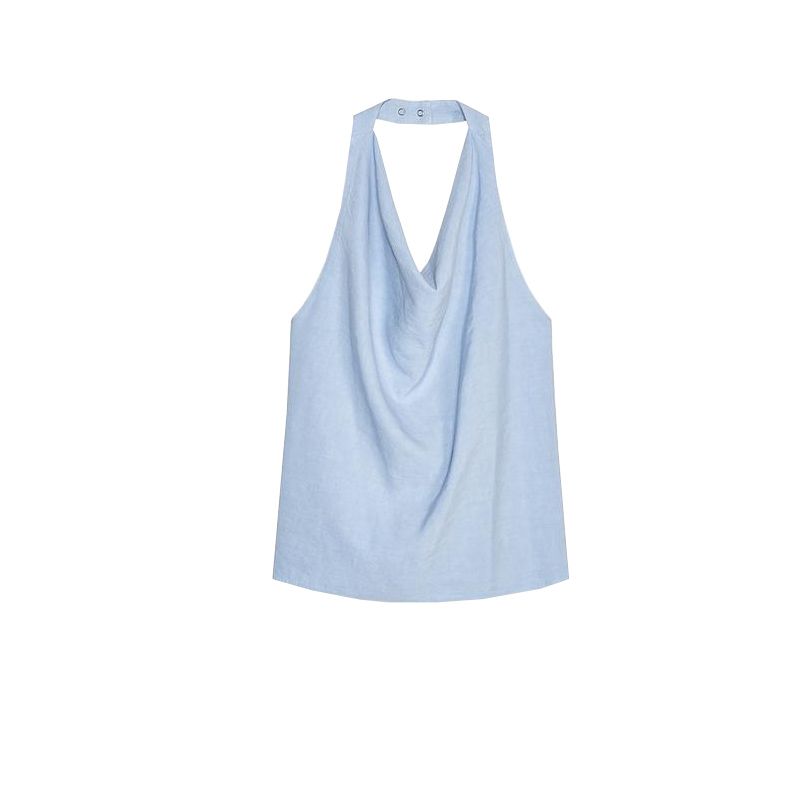 Summer New Product Women's Clothes Linen Blend Hanging by Ornament Bows Collar Open Back Tops 6929161