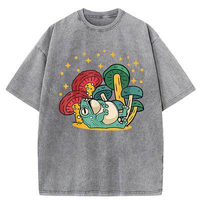 T-shirt Lavé Esthétique Cottagecore Champignon Imprimé Grenouille Femmes Été Ample T-shirt Rue Manches Courtes Vêtements