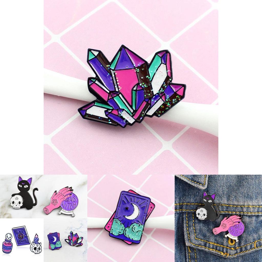 Premium Quality Enamel Brooch Featuring Witch Tools Skull Cat For Halloween