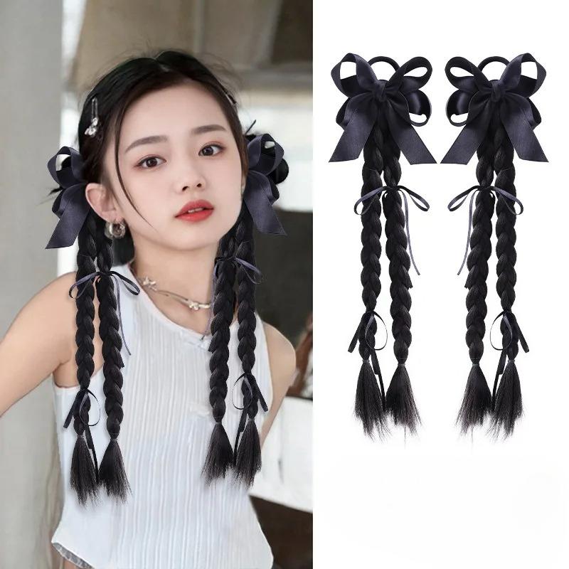 2 Pcs Korean Style Hair Ties for Kids Girls Ponytails Wig Braids with Edgy Bows Children Twist Braids Elastic Hair Accessories