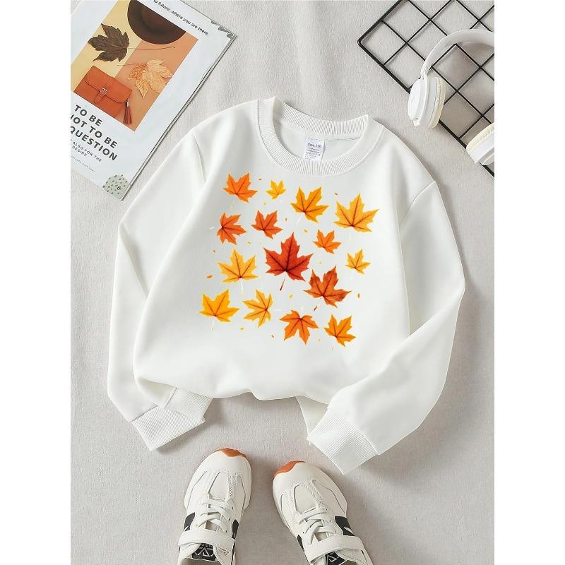 Autumn Leaves Pattern Maple Orange Yellow Girls' Fashionable Crewneck Sweatshirt, Autumn and Winter Western Style Top