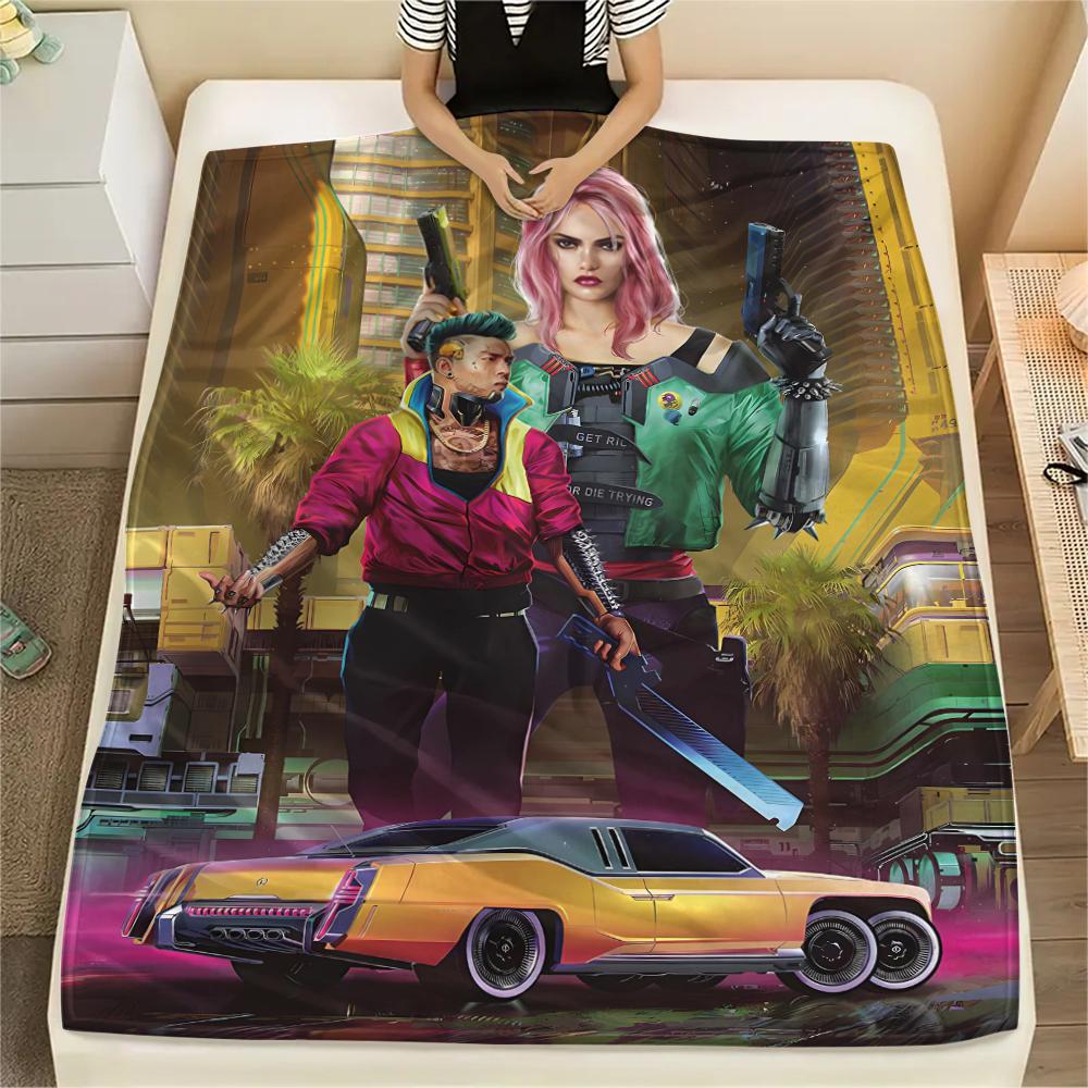 1Pc Cyberpunk Print Flannel Blanket, High quality Comfortable for All Seasons, Home Decor, Warmth and Comfort, Perfect for Christmas Gifts