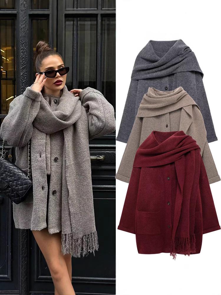 INS Spring Women's Elegant Knit Coat with Scarf