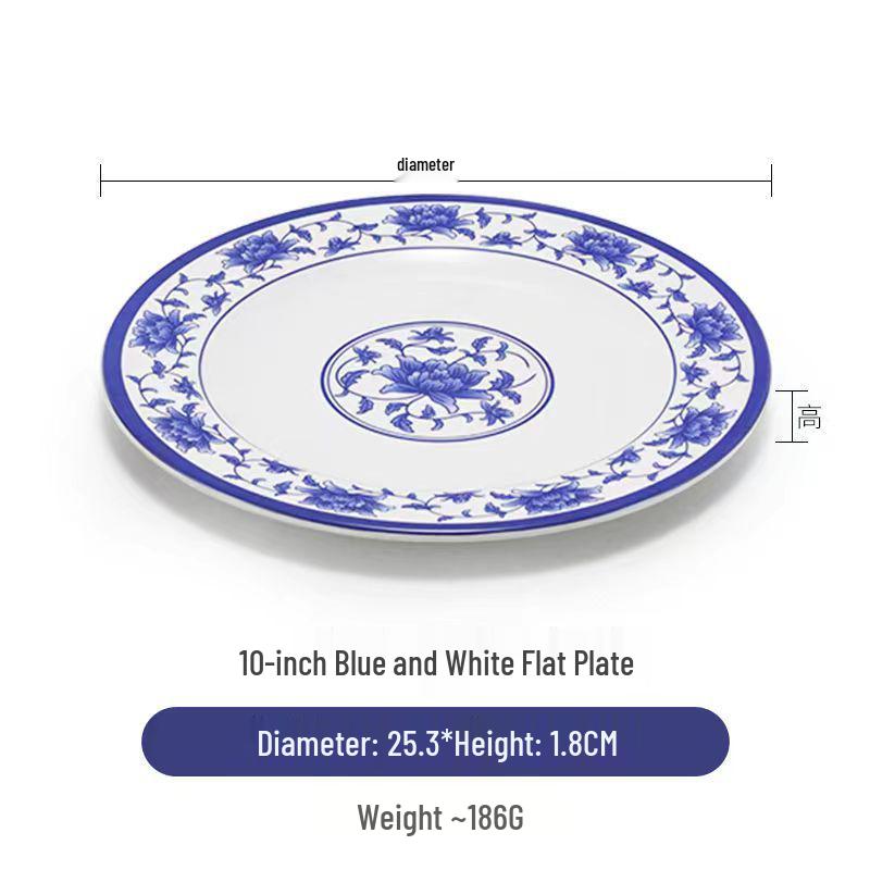 Blue & White Melamine Porcelain-Look Round Plate: Thickened, Durable for Stir-Fry, Rice, and Restaurant Use
