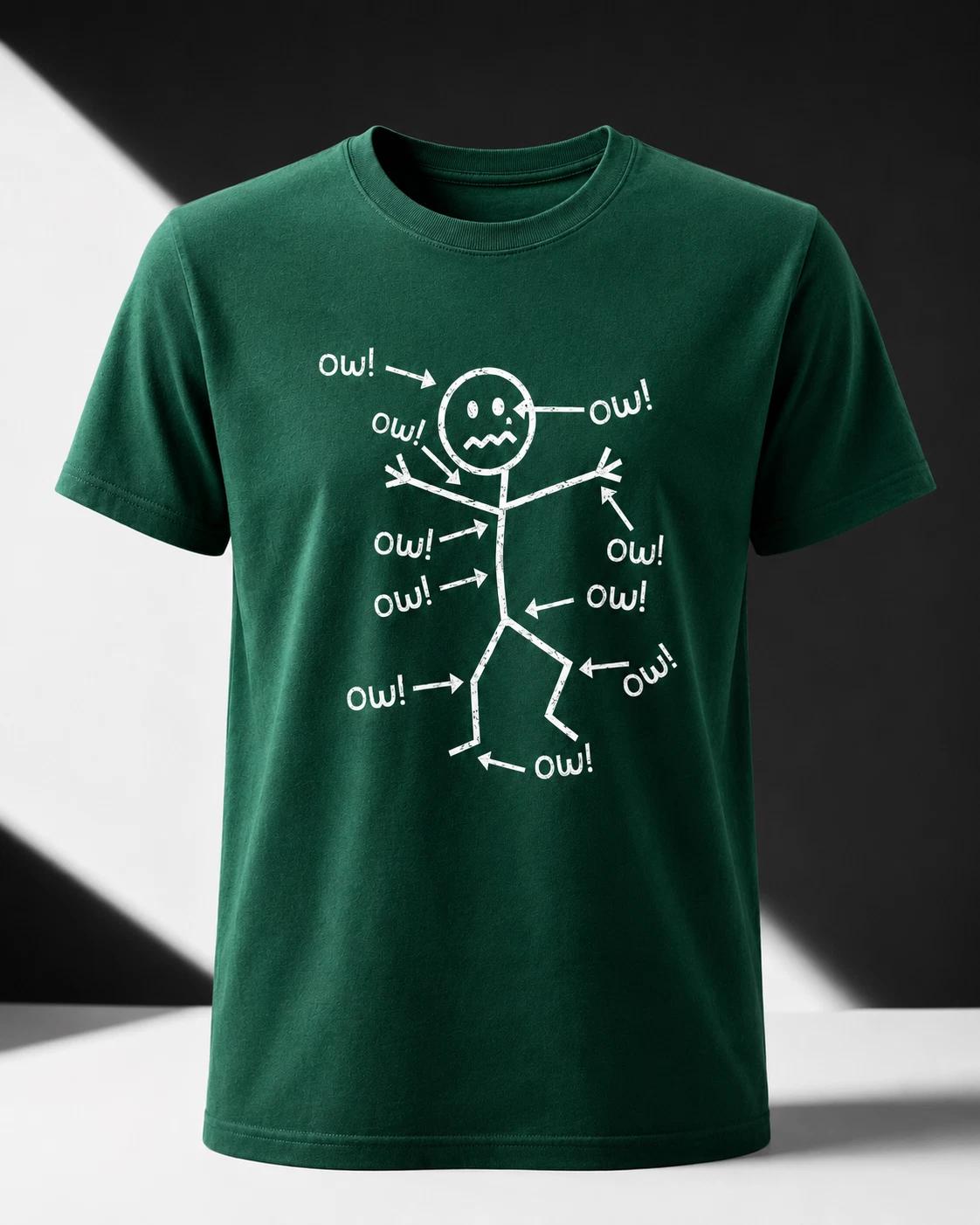 Funny Stick Figure Ow T-Shirt, Sarcastic Pain Humor Graphic Tee S