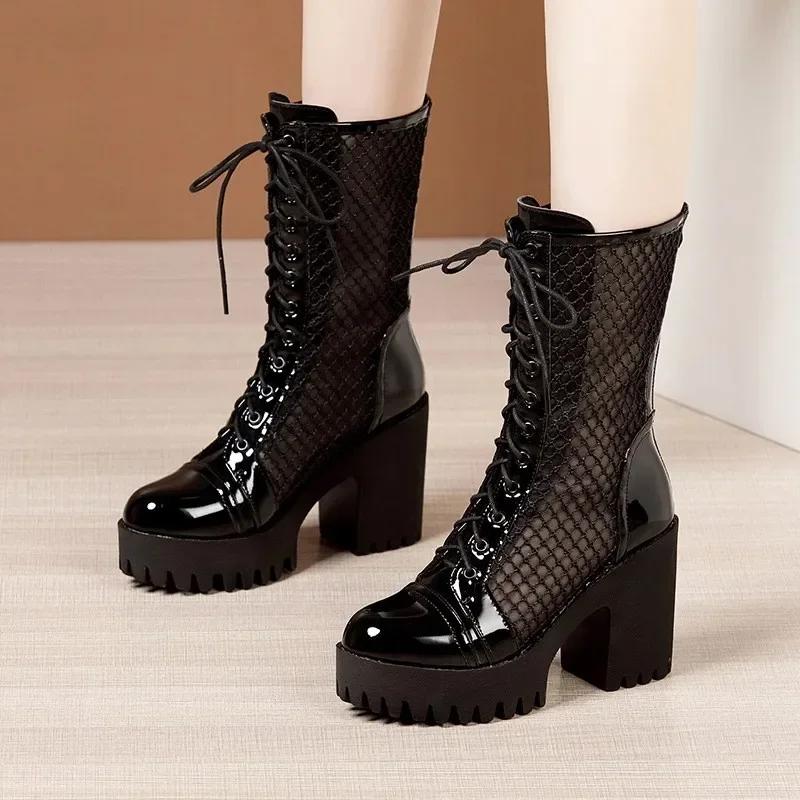 

Small Size 32-43 Fashion Block High Heels Sandals Summer Platform Shoes 2025 Women s Cutout Short Ankle Boots Genuine Leather 32