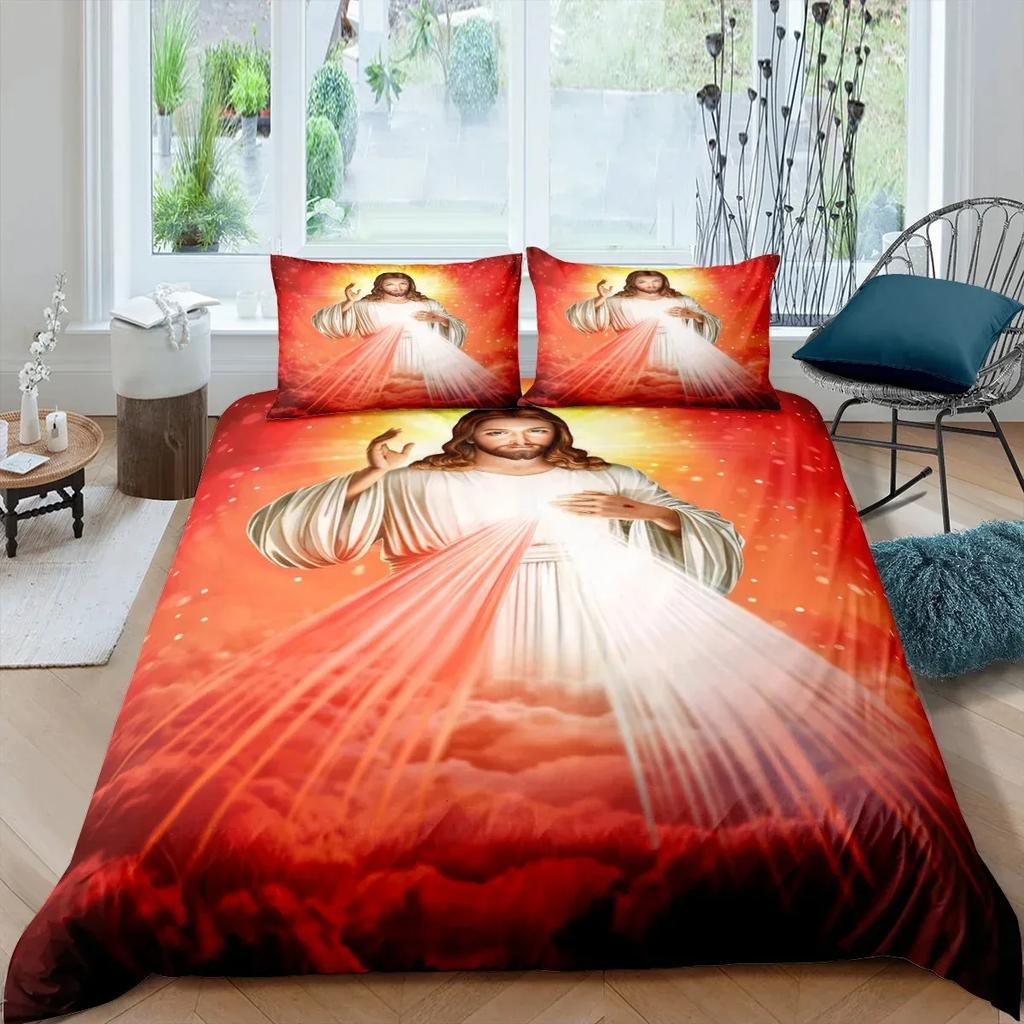 3D Jesus Duvet Cover Christian Sacred Jesus Bedding Set God Bless You Soft Quilt Cover Set KingQueen Size for Adults Women Men