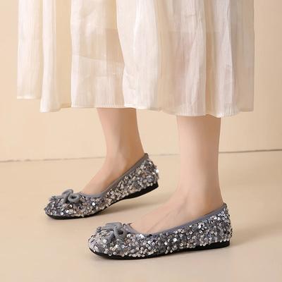 2024 Fashion High Quality Sequined Solid Color Square Toe Shallow Mouth Comfortable Slip-on Women's Shoes with Bow Decoration