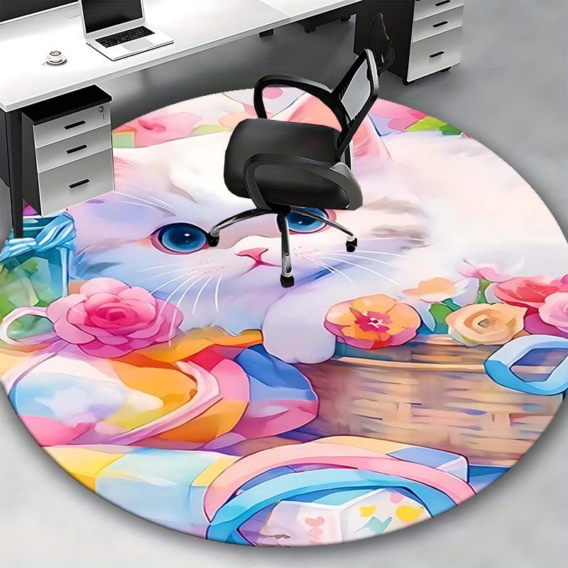 1pc Anime Design Round Carpet Cute Cat with Flowers Chair Mat for Office Home Decor, All Seasons