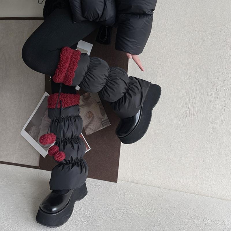 Lamb Fleece Trim Padded Puffer Leg Warmers with Cute Plush Balls for Women Warm Thermal Quilted Boot Cuffs Foot Covers