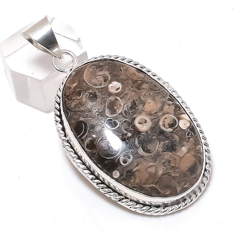 Turritella Fossil Gemstone 925 Sterling Silver Jewelry Pendant 2.36"