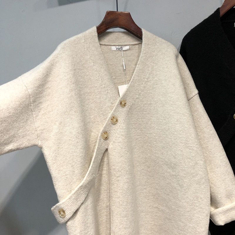 Autumn Winter New Oblique-breasted V-neck Loose Mid-length Bat-sleeve Knitted Sweater Jacket for Women