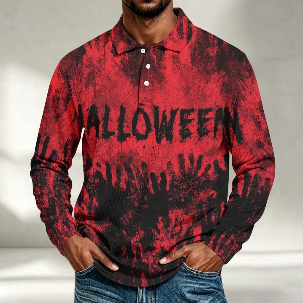 Men's Casual Halloween Printed Long Sleeve Shirt Loose Fit Top