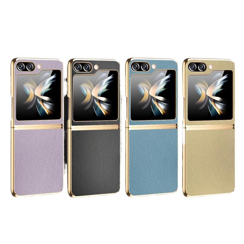 Adatto per Custodia per Telefono Cellulare Samsung Zflip5 Pieghevole in Pelle Elettrolitica 5a Generazione Motivo Litchi Flip4 Anti-caduta Copertura C