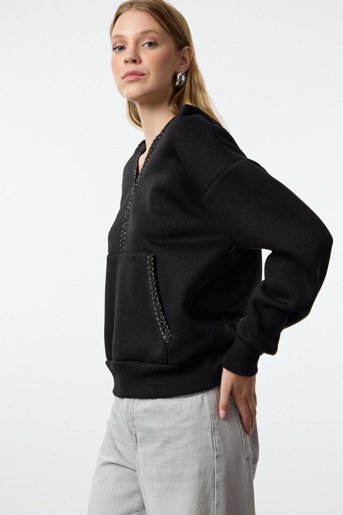 Women's Fashion Stylish Sweatshirt Black Black Accessory Detailed Hooded Relaxed Comfortable Fit Knitted Sweatshirt